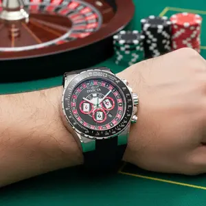 Invicta Aviator Men's 50mm Chronograph Watch - Black Roulette Dial, Stainless Steel Case, Black Silicone Strap, Playing Card Sub-Dials, Green Sweep Hand, Tachymeter, Dice Bezel, Japanese Quartz VD53, 100m Waterproof Sport Casino Fashion Accessory