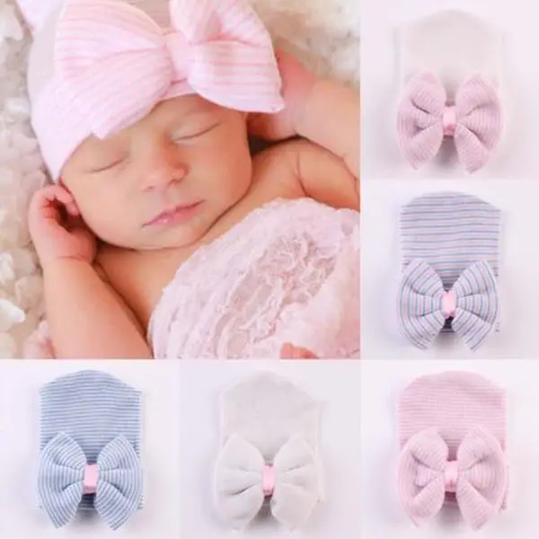 Newborn Toddler Infant Hats Girl Boys Colorful Striped Bow Knot Cap Cotton Beanie Hat Accessories Cute