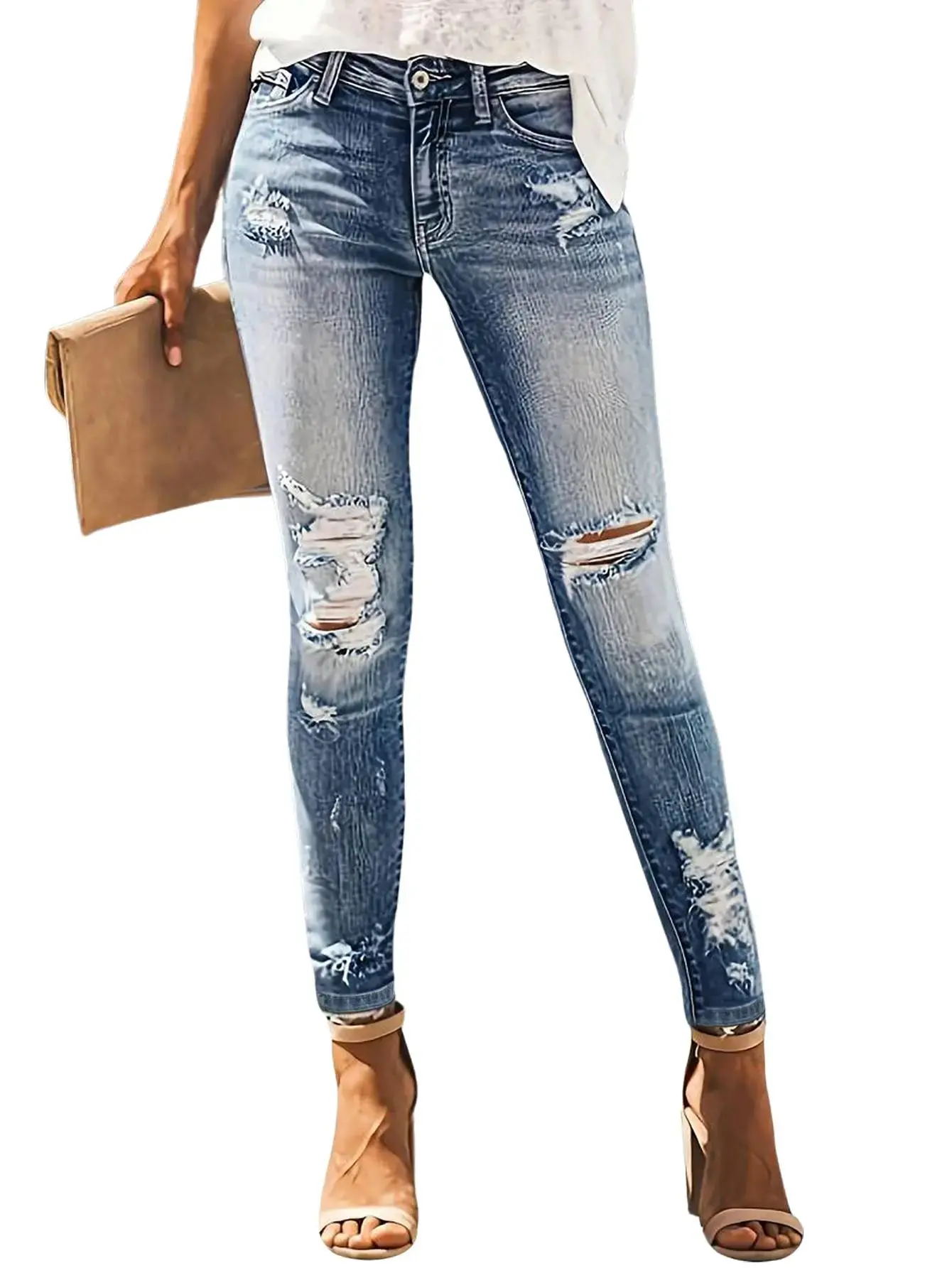 Women's High-Waisted Ripped Straight Jeans - Comfort Fit Denim, Distressed Frayed Details, Machine Washable - All-Season Grunge Casual Jeans, Ripped Skinny Jeans, Grunge Jeans Pitillo Jeans