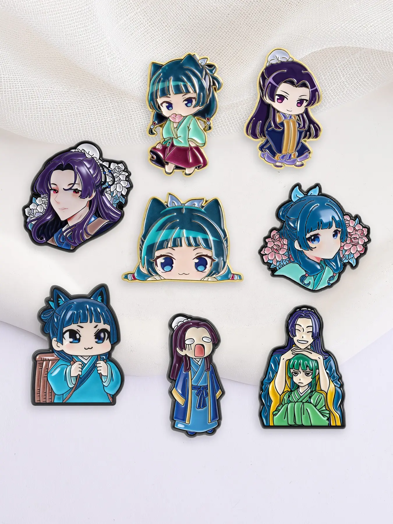 8-Piece Set Cartoon Anime The Apothecary Diaries Metal Enamel Pins, Lapel Pins, Classic Anime Character Collectibles, Chibi Portrait Design of Characters with Cat and Ren Shi, Badges for Backpack Jacket Jewelry Decoration, Gift for Fans and Friends