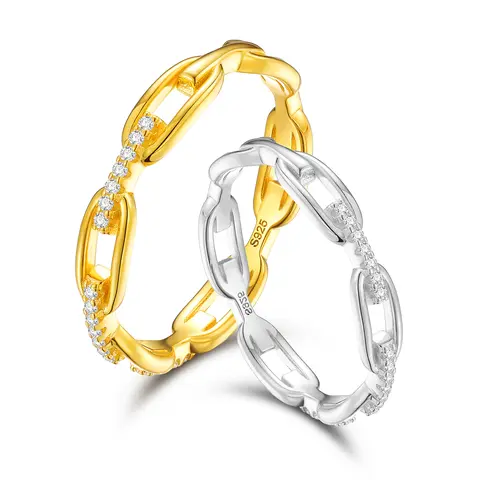【#R45】UCCIYO 3mm Cuban Link Synthetic Moissanite VVS1 Clarity Interlocking Link Ring, Vintage Inspired Unisex Hip Hop Jewelry, Golden & Silver Options, Ideal for Dating, Anniversary, Engagement