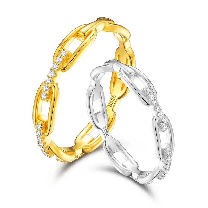 【#R45】UCCIYO 3mm Cuban Link Synthetic Moissanite VVS1 Clarity Interlocking Link Ring, Vintage Inspired Unisex Hip Hop Jewelry, Golden & Silver Options, Ideal for Dating, Anniversary, Engagement
