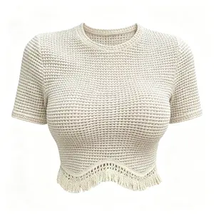 Women's 2026 Spring Summer Slim Fit Crew Neck T‑Shirt, Stylish Wavy Fringe Hem Cropped Short Top for Cross‑Border