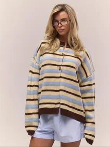 New Elegant Chic Women's Outdoor Colorblock Striped Knitwear, Long Sleeve Button Front Pullover, Casual All-Season Top, Perfect for Daily Wear