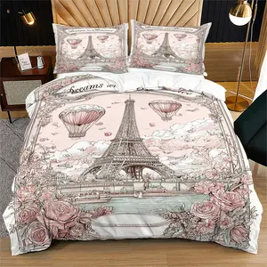 Eiffel Tower pink printed pattern soft and durable bedding duvet set, including 1 duvet cover and 1 or 2 pillowcases, without a core or pillow, suitable for children or adults as gifts, modern style fashionable bedroom bed decoration