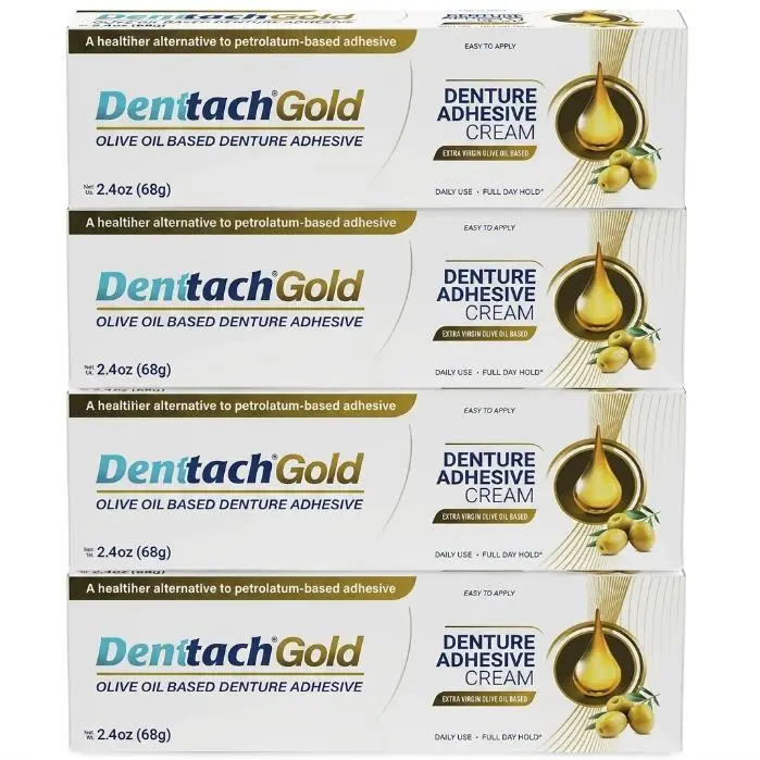 Denttach Gold Denture Adhesive, Petroleum Free Olive Oil Based Premium Denture Adhesive Cream for Full and Partial Dentures, All Day Secure Hold Denture Glue, Zinc Free, 2.4 Ounce (pack of 4)