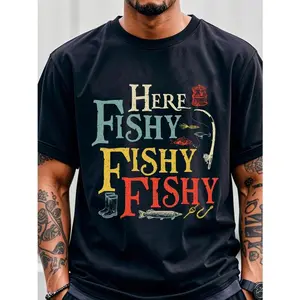 Men's "Here Fishy Fishy" Graphic T-Shirt - 100% Cotton Breathable Quick-Dry Crew Neck Tee with Colorful Fishing Design, Lightweight 180gsm All-Season Casual Shirt for Outdoor Enthusiasts, Fishing Gear