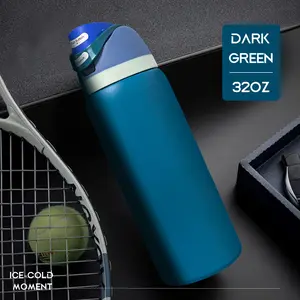 OW(Denim) with locking function, double drink stainless steel thermal insulation and ice retaining bicycle bottle with straw, double vacuum 32oz/ 945 ml travel water bottle, stylish and elegant frosted non-slipdesign, Sports cup with clamshell Drinkware
