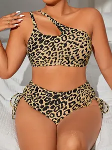 Plus Size Two-Piece Set Leopard Print One Shoulder Drawstring Bikini Set, Fashion Cut Out Swim Top & High Waist Swim Bottom, Women's Two-piece Swimsuit for Summer Beach Holiday Vacation