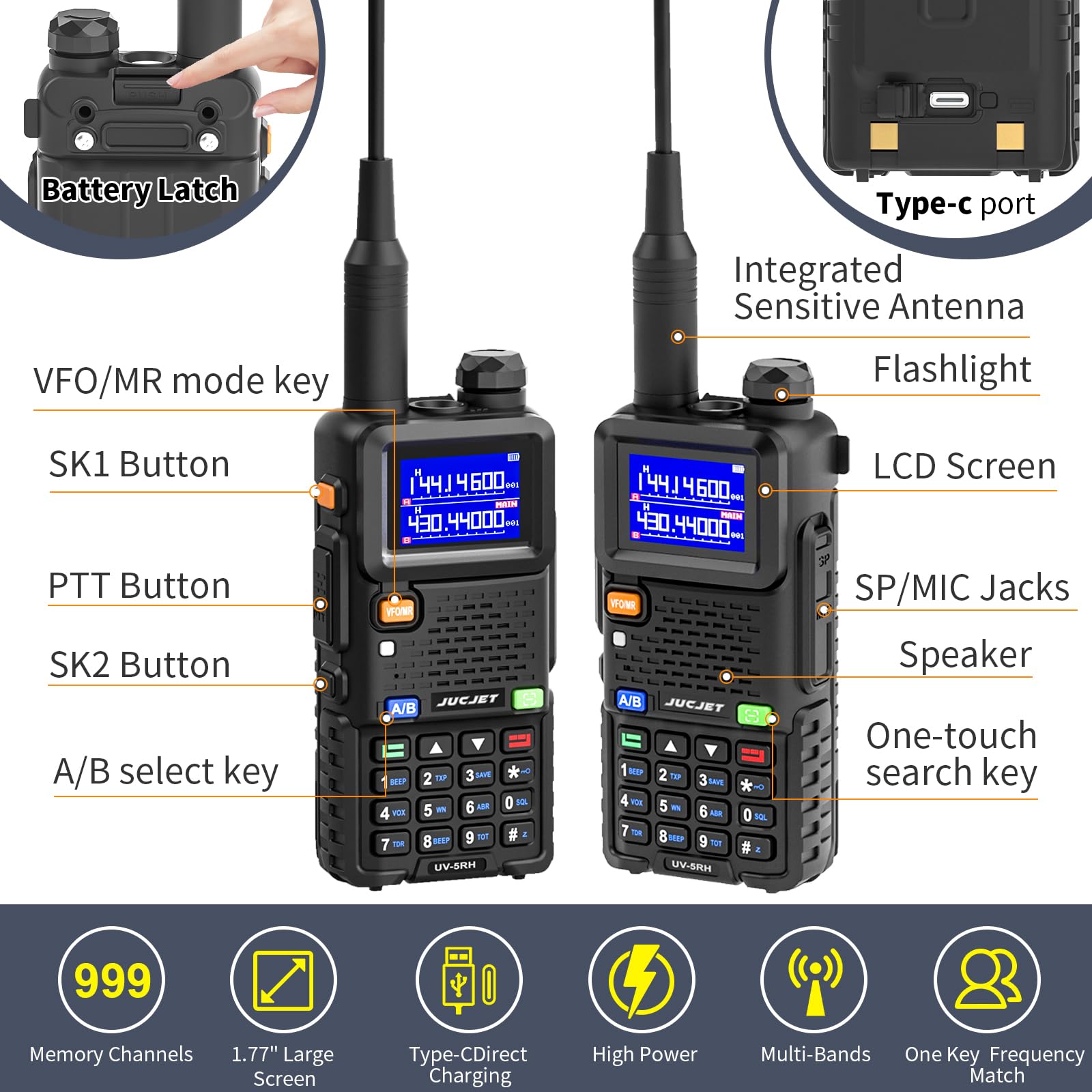 Baofeng UV-5RH 10W Ham Radio Handheld - Upgraded UV-5R Dual Band Amateur Radio with Air Band, Long Range Walkie Talkies for Adults, USB-C Charging (2 Pack) rechargeable walkie talkie