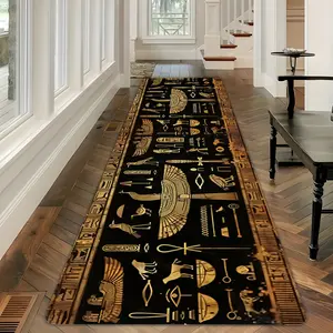 Jit-1pc Egyptian Style Hallway Rug, Boho Runner Rug, Pharaoh Hieroglyphics, Sacred Bird, Sun Wings Pattern, Flannel, Indoor Decor