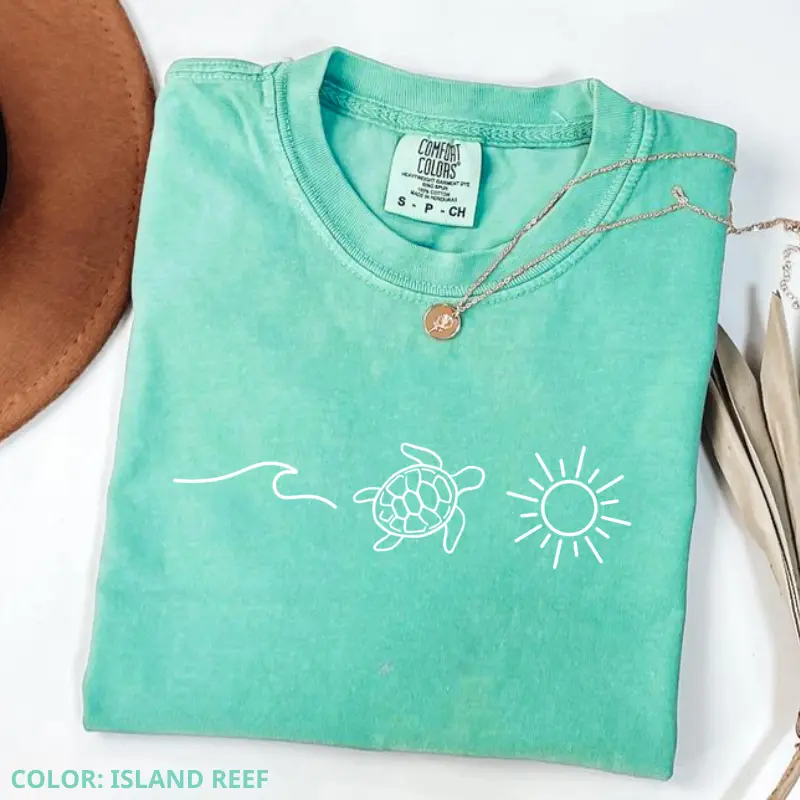 Comfort Colors Ocean Turtle Sun Summer T-Shirt, Beach Bum Tee, Trendy Oversized Aesthetic Tee, Women's Letter Print Short Sleeve Tee