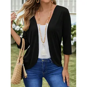Women's solid color simple everyday open-front light jacket, women's spring/autumn casual asymmetrical fringed shawl with regular sleeves, loose white plain women's coat, suitable for everyday casual wear