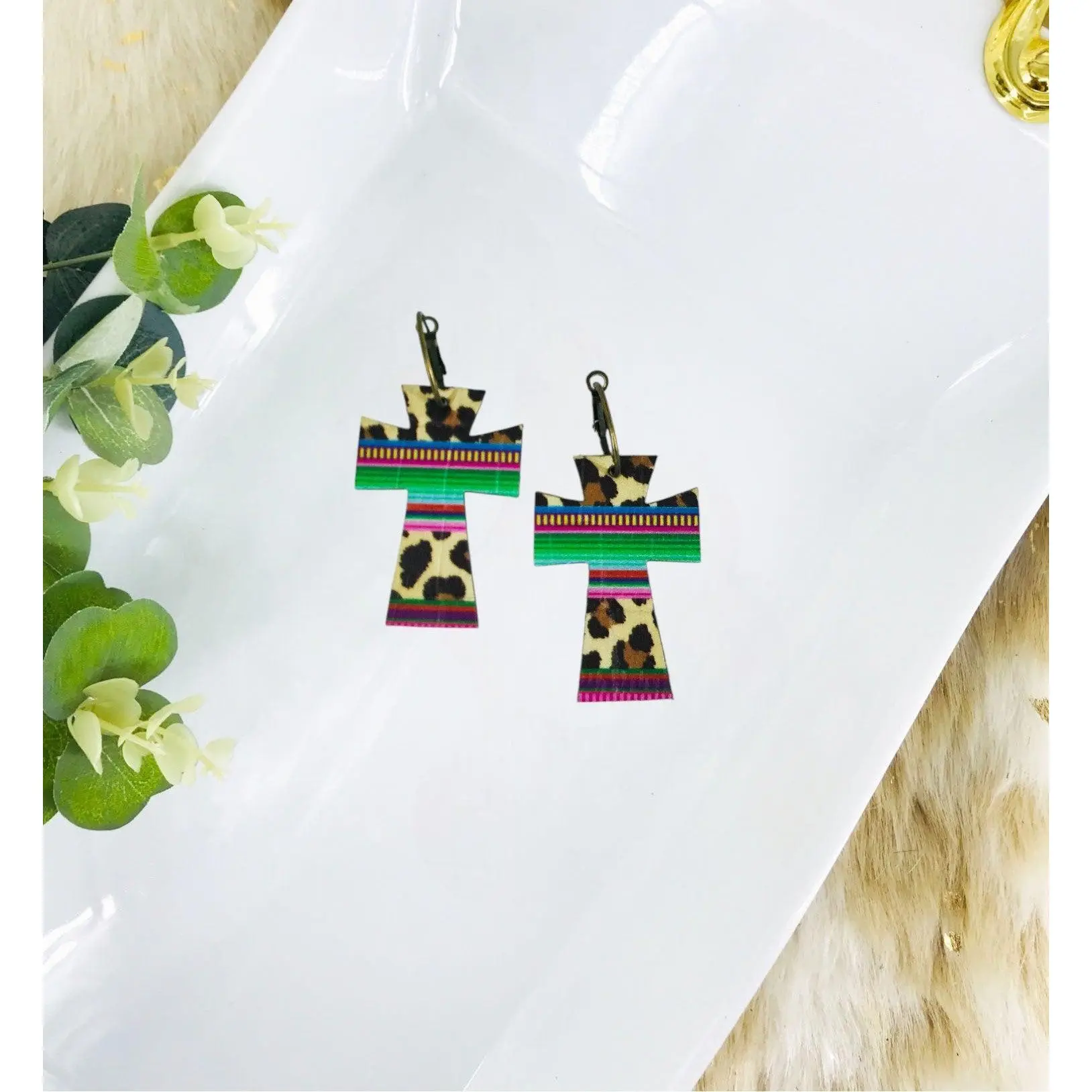Reversable Cork and Wild Serape Leopard Leather Hoop Earrings - E19-3718