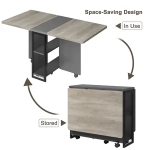 Foldable Dining Table with Wheels, Space Saving Expandable Dinner Table, Drop Leaf Design with 2 Tier Storage Shelves, Rolling Extension Table for Kitchen Living Room, Light Brown and White