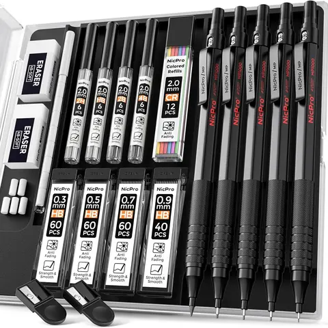 Nicpro Colored Compact 5-Pack Full-Metal Writing Tools - 0.3mm/0.5mm/0.7mm/0.9mm/2.0mm Lead Holders, 4B/2B/HB/2H Lead, 9 Refills, Eraser, Case - Metal Drafting, Thin Pencils & Pens for School, Office Stationery