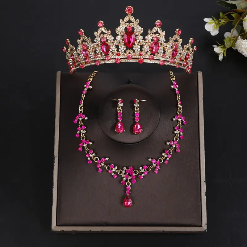 Rose Red Crown Necklace Earrings Needle