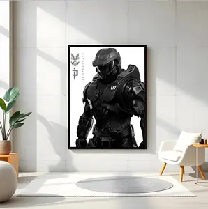 Halo Master Chief Spartan 117 Game Poster - Premium frameless wall art for gaming rooms, minimalist modern black and white illustration, the perfect gift for Xbox fans and collectors.
