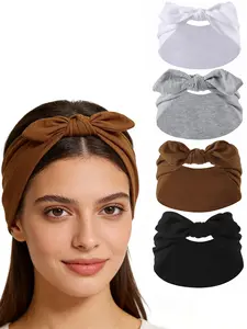4pcs Boho Yoga Sports Headbands, Rabbit Ears Bow Elastic Non-Slip Wide Sweat Absorbent Crossed Hair Bands for Women, All Seasons Use