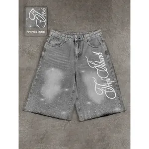 Studded Embroidered Casual Jeans, Letter Embroidery Shorts, American Street Style, Fashion Daily Wear Denim, High Waist, Button Fly, All Seasons