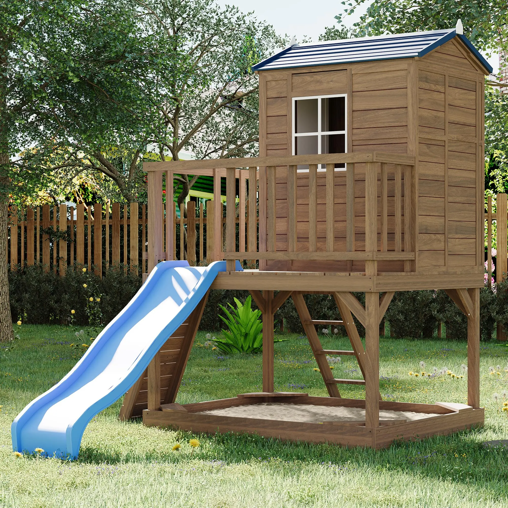 GAOMON 2-Story Cedar Outdoor Wooden Playhouse - Outdoor Play Equipment with Sandbox, Slide, Step Ladder, Thoughtful Playhouse Design, Ideal Children's Day Gift for Summer Use