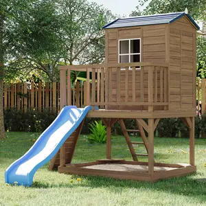 GAOMON 2 Story Elevated Cedar Wooden Playhouse, Outdoor Kids Playhouse Equipped with Sandbox, Slide and Step Ladder, Backyard Play Equipment, Perfect Children's Day Gift - SummerVibes