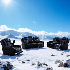 A AINEHOME LIFESTYLE LED Lighting Recliner Sofa Set Black Breathing Leather 3-Piece Living Room Adjustable Upholstered Couch with Reversible Coffee Table & Wireless Chargers