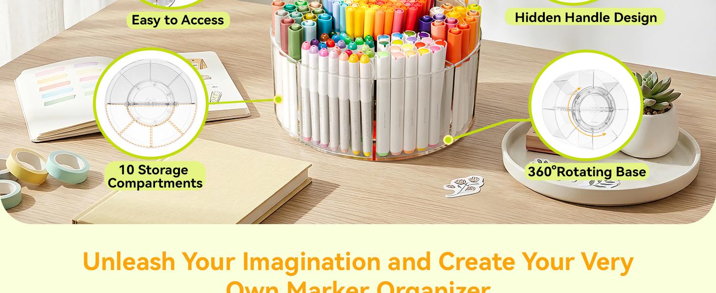 Ohuhu Marker Organizer: 360° Rotating Clear Acrylic Holder with Hidden Handle, 10 Compartments for Alcohol Markers, Pens & Pencils, Home Classroom Office Desk Organizer