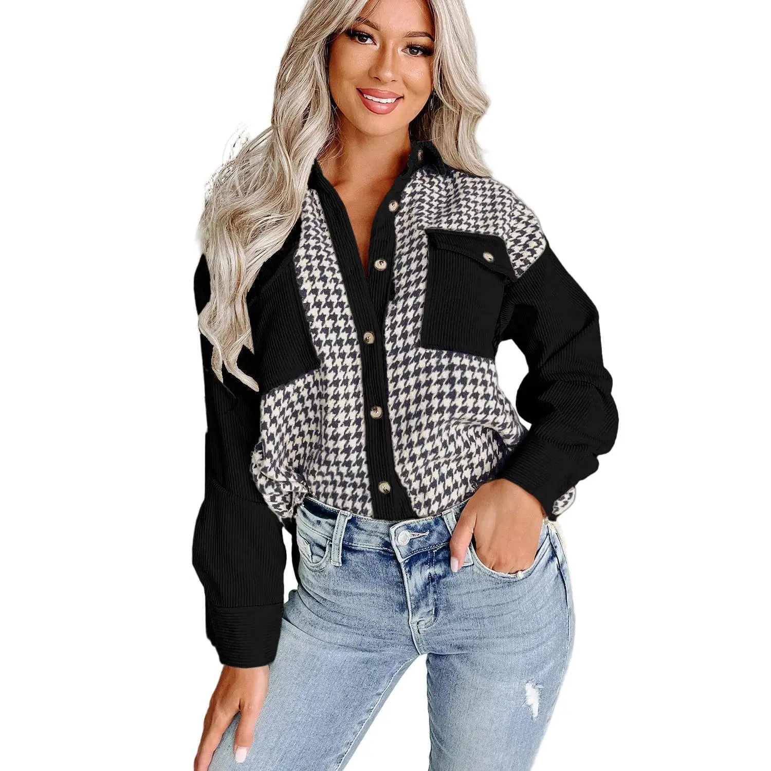 Black Houndstooth Corduroy Patchwork Flap Pocket Shacket