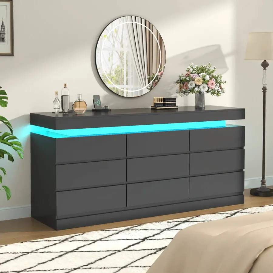 9-Drawer Sturdy Stable MDF Floating Dresser Chest - White/Black Detached Triple-Wide Storage Cabinet with Built-in Multi-Outlet Charging Station, USB Plug, 110-127V Wall Plug, LED Lights, Above 25kg Capacity, for Bedroom, Closet, Assembly Requir,sideboard