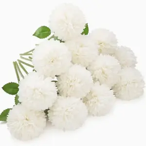 12pcs Artificial Chrysanthemum Ball Flowers Hydrangea Bridal Wedding Bouquet for Home Garden Party Office Coffee House Decoration Cream White