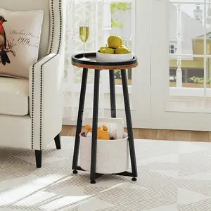 HOOBRO Small Round Side Table, 2-Tier Round Sofa End Table, Compact Nightstand with Cotton Linen Storage Basket, for Small Space, Living Room, Bedroom, Dorm, Rustic Brown