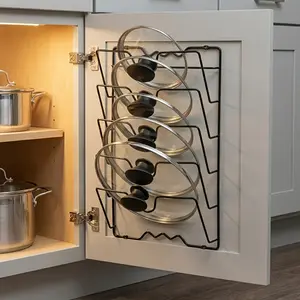 Cabinet Door Organizer For Kitchen - 5-Tier Stainless Steel Rack With Hooks. End Cabinet Clutter For Pots, Pans, Lids & Cutting Boards. Heavy-Duty Under-Sink Storage Solution