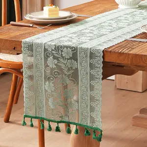 Green Lace Table Runner Flower Boho Table Runner with Tassels  Rustic Christmas Runners for Dining  Table Setting Decor(12x73 inch,Tassel Included)