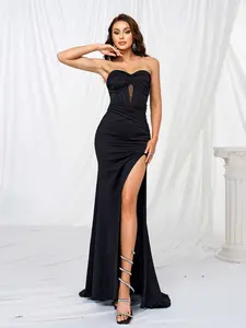 MISSORD Strapless Corset Maxi Dress with Slit Regular Fit Slight Stretch Back Zip Padded Evening Dress
