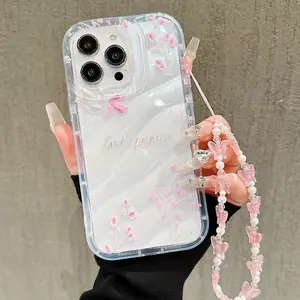 Butterfly Pattern Phone Case with Beaded Lanyard, Decorative Phone Protector Cover, Phone Accessories Compatible with iPhone 11 12 13 14 15 Pro Max, Casing