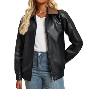 Casly Lamiit Women's Oversized Faux Leather Motorcycle Jacket - Long Sleeve, Loose Retro Streetwear Bomber Coat, Soft Fabric Inner Lining, Corduroy Lapel Collar, Zip-Up Closure, Elastic Accents, Basic Style Lady Outerwear for Fall Winter Casual Wear Summe