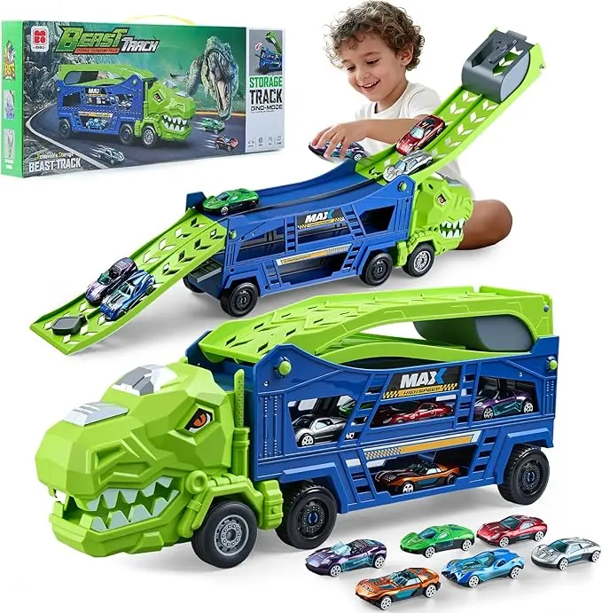 3-in-1 Dinosaur Truck Toy for Kids 3-6 | T-Rex Carrier Transporter with 6 Die-Cast Cars & Foldable Dual Race Track | Ultimate Birthday & Christmas Gift for Toddler Boys (Green)