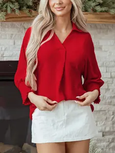 Women's Fiery Red V Neck Collared Shirred 3/4 Sleeve Oversized Tunic Tops - Fashion Shirred 3/4 Sleeve Shirts - Lightweight Casual Blouse