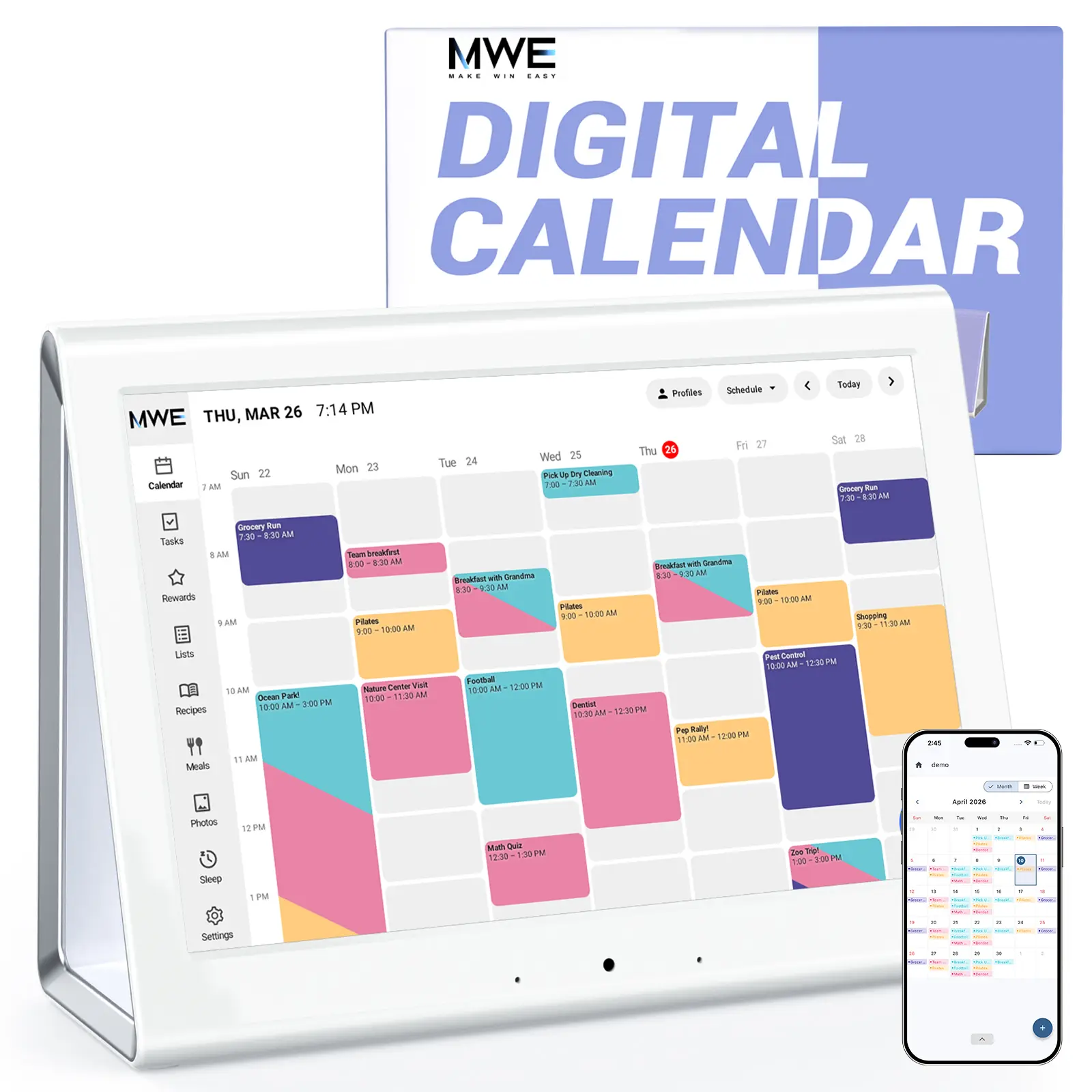 MWE 10.1" Smart Digital Family Calendar, WiFi Touchscreen with Google Calendar Sync, Chore Chart, Meal Planner & Digital Photo Frame for Home Organization
