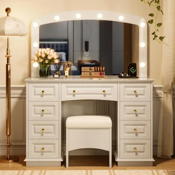 Bellemave High-Brightness LED-Powered Makeup Vanity with 10 Hollywood Bulbs, 3 Color Lighting Modes, Classic Drawer-Equipped Dressing Table, Cushioned Stool & 9 Storage Drawers for Bedroom, White Stylish Makeup Vanity, Stylish Makeup Vanities