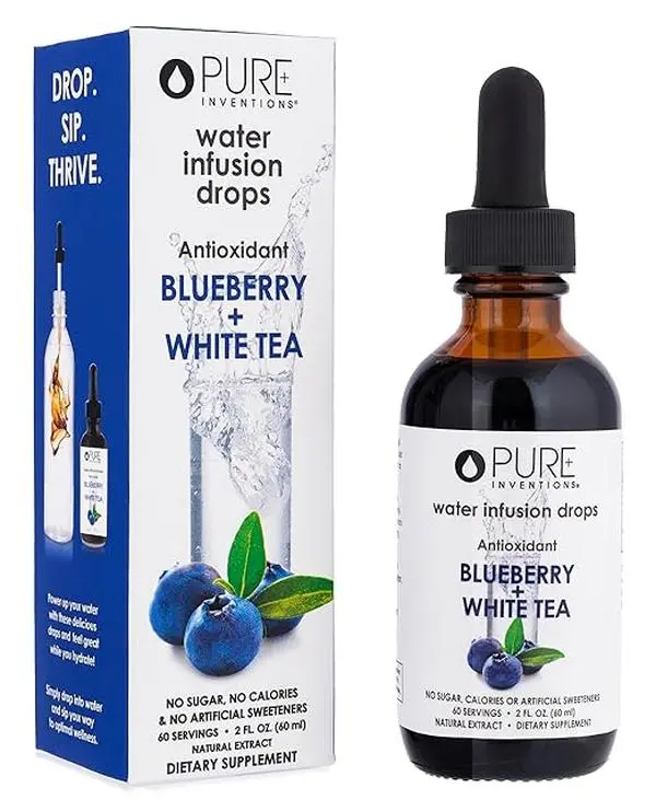Pure Inventions Blueberry & White Tea Portable Liquid Premium Water Infusion Drops - Health & Wellness Hydration Immunity Drink - Immunity Recovery & Hydration Drinks - Sugar Free, No Artificial Sweeteners, No Calories - 60 Servings