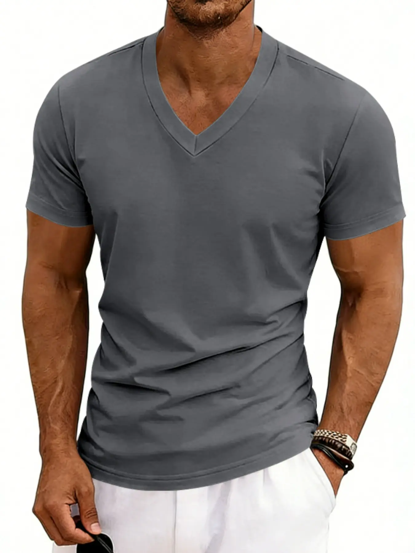 Men's V Neck T-Shirt, Menswear Slim Fit Solid Color Plain Basic Tee, Summer Casual Short Sleeve Top, 1 Piece Pack, Comfortable and Stylish, Casual Style Tee