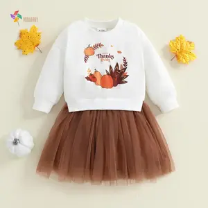Baby Girls Fall Dress Long Sleeve Round Neck Pumpkin Print Tulle Dress Toddler Thanksgiving Outfit