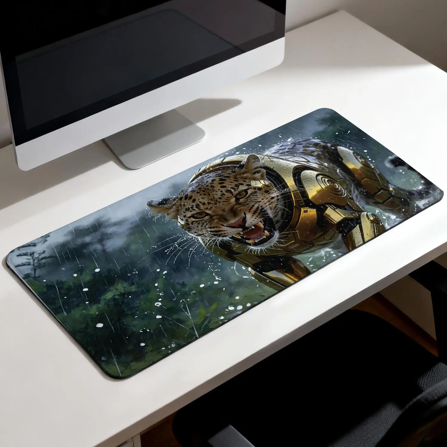 Gaming Desk Mat - Premium Golden Armor Cyber Leopard Animal Print, 40x80cm Rectangular Desktop Mouse Pad, Non-Slip Rubber Base, 3D Banana Design, Durable Gaming Desk Accessory for Gamers, Gaming Desk Accessories, Animal Print Mouse Pads