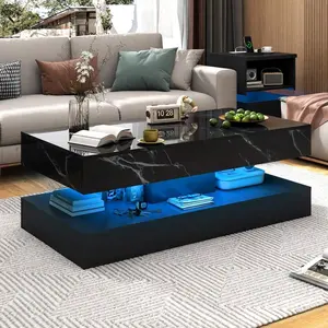 39/47inch Large High-Glossy  Coffee   2 Sliding Drawers, Living Room Storage   Marbling Print, Modern Stylish Double-Layer Center  W/ USB Powered  Lights tables with LED Mobile Standing Desk Wheels Mirrored Console Inlay