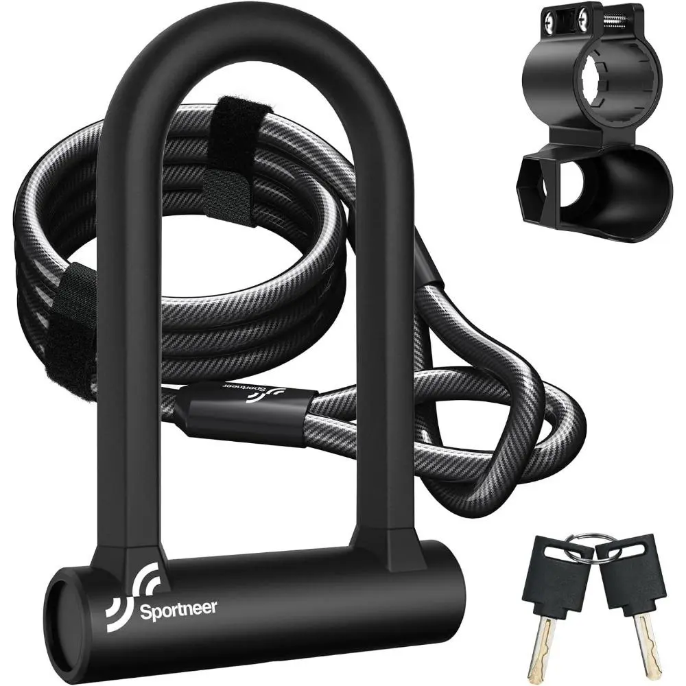 Bike Lock: Heavy Duty Anti Theft Bike U Lock with 5ft Security Steel Cable-17mm Shackle Bicycle U-Locks with 2 Keys & Mounting Bracket for Road Mountain Bike, Size 7.76''x5.02'', 1.64lb