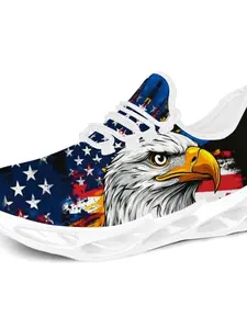 USA Flag Eagle Print Chunky Sneakers, Lightweight Non-Slip Breathable Shoes for Men, 4th of July Theme, Cartoon Pattern, EVA Sole, Asymmetrical Design, Textile