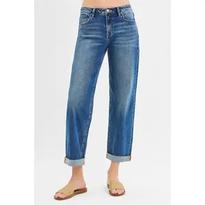 RISEN Full Size Mid Rise Boyfriend Roll Up Jeans Plus Size
