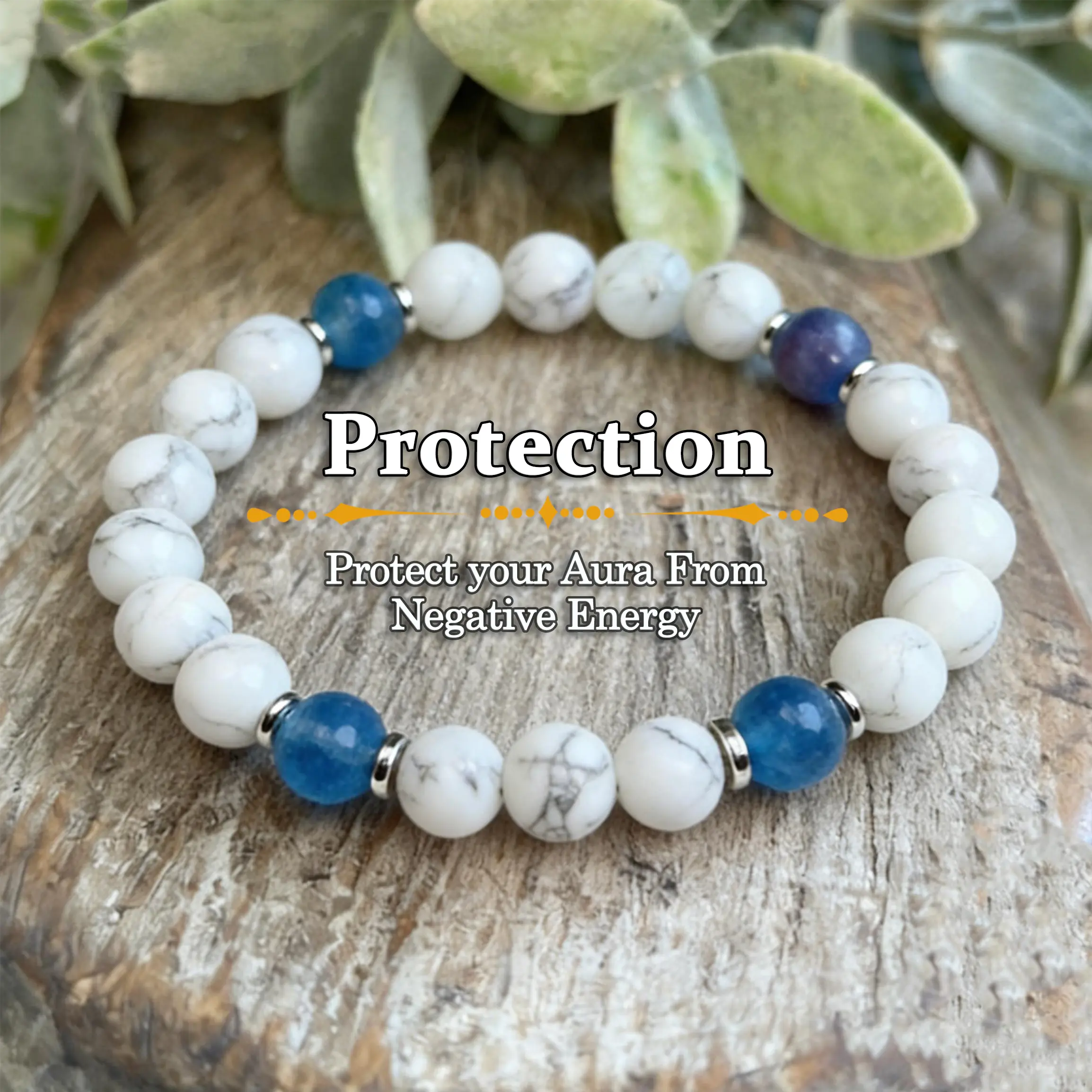 [Free 14K Gold Pendant for First 10]Natural Howlite & Aquamarine Stress-Relief Bracelet, Healing Energy Beaded Bracelet Calms Anxiety Soothes Emotions Brings Peace & Good Fortune, Unisex Daily Jewelry, March Birthstone